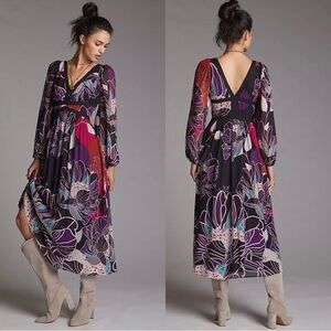 Anthropologie x Let Me Be Floral Midi Maxi Dress in Black Motif Sz XS